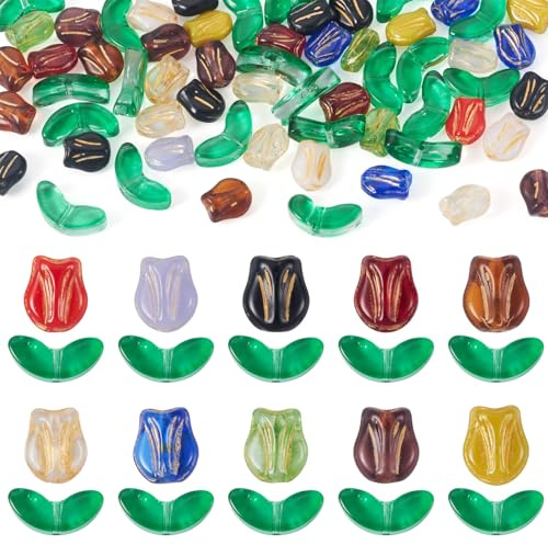 Bestewelry 100 Pcs Tulip Flower Leaf Glass Beads Bulk Tulip Floral Transparent Crystal Glass Beads Tulips Lampwork Bead for Necklace Earrings Jewelry Making DIY Crafts