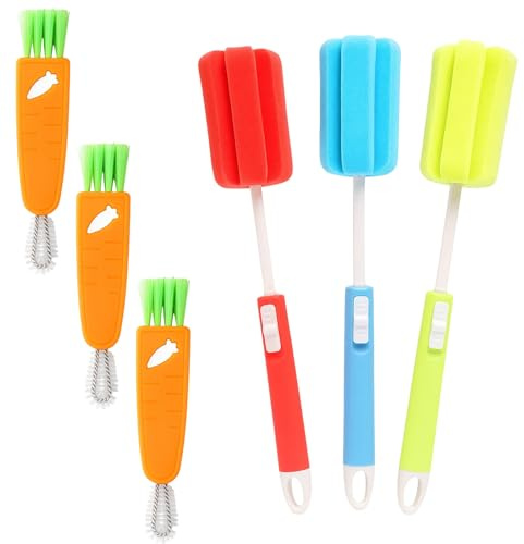 6 Pcs Bottle Cleaner Brush, 3 Sponge Brushes With Handles, 3 Carrot Three in one Crevice Cleaning Brushes, Used for Cleaning Cups and Bottles