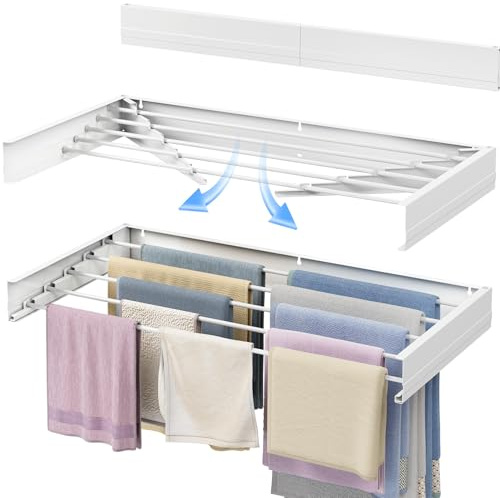SYKIARIOL Wall Mounted Clothes Airer, Retractable Drying Rack | White, 5 rods, 97x48.8x9.7cm, foldable laundry drying rack, for towel & clothes