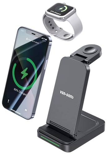 VEN-DENS 15W 3 in 1 Wireless Charger, Magnetic Charging Stand for iPhone | iWatch & AirPods, Fast Wireless Foldable Charging Station, Type-C Input – Model VD-WLC015