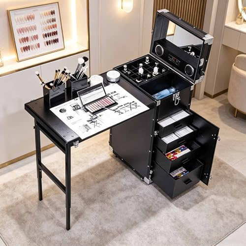 Rollbarer Manikürtisch für Nageldesigner, Nagelarbeitsplatz für Kosmetikstudios, Schminktisch mit 4 Rollen und Schubladen, Kosmetikwagen mit Spiegel, Schminkkoffer(Black)