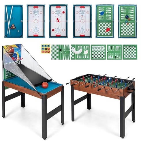 COSTWAY 14 in 1 Spieltisch Set, Tischspiel multifunktional mit Tischfußball Hockey, Billard, Tischtennis, Bowling, Shuffleboard, Schach, Dame & Backgammon, Kombi-Tisch für Kinder Erwachsene