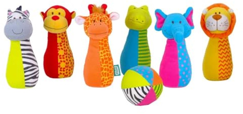 Fiesta Crafts Jingly Jungle Skittles, 6 Animal Skittles & Ball | Bright, Soft & Embroidered Sensory Toy, Jingly Jungle Bowling Set, Gift for Boys, Girls & Toddlers Age 1+