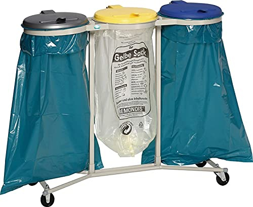 VAR Abfallsammler 3-Fach, fahrbar kieselgrau, Deckel silber, gelb und blau aus Kunststoff, BxTxH 1200x500x980