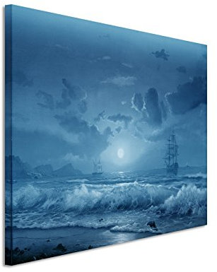 Sinus Art 120x80cm Wandbild – Farbe Blau Petrol - Leinwandbild auf Keilrahmen in Bester Qualität - Ölgemälde Sonnenuntergang Segelschiff