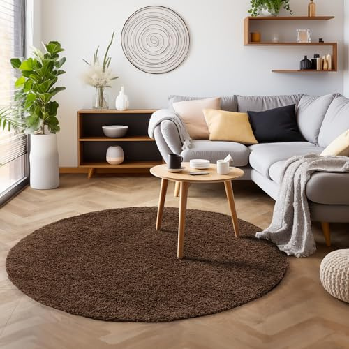 SIMPEX Flauschiger Teppich Wohnzimmer Schlafzimmer Läufer Flur Esszimmer Küchenteppich Hochflor Einfarbig Modernes Design 30 mm Florhöhe Kuschelweich, Braun, 200 cm Rund
