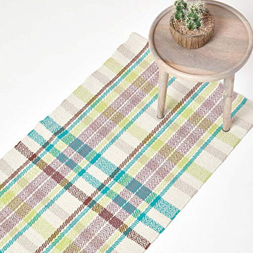 HOMESCAPES Tartan Hallway Runner Handwoven Blue, Yellow, Brown & White 100% Cotton Rug 'Wilson' Check Hallway Rug, 66 x 200 cm