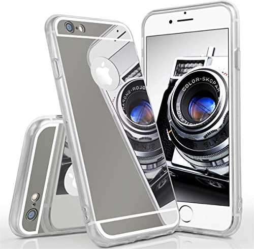 moex Mirror Case für iPhone 6s / iPhone 6 Hülle mit Spiegel und erweitertem Kantenschutz aus Silikon, Handyhülle verspiegelte Rückseite, Stylische Handy Schutzhülle dünn, Schwarz