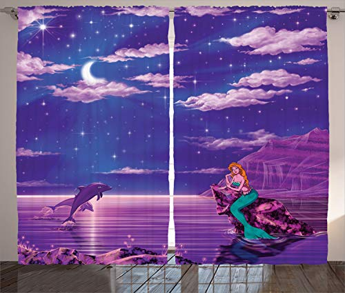 ABAKUHAUS Meerjungfrau Rustikaler Vorhang, Cartoon-Stil Dolphins, Wohnzimmer Universalband Gardinen mit Schlaufen und Haken, 280 x 225 cm, Violett Lila