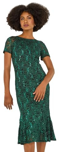 Roman Women Metallic Lace Sequin Midi Dress - Ladies Evening Occasionwear Special Event Party Christmas New Year Celebration Sparkly Formal Short Sleeve Dresses - Green - Size 18