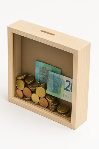 Spardose mit transparentem Deckel, aus Naturholz, lackierbar, inkl. Methacrylat-Deckel, Maße: 17 x 4 x 17 cm