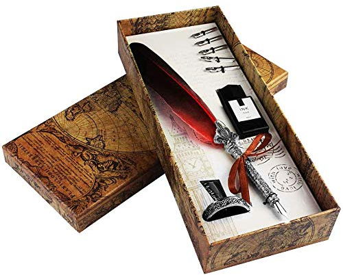Jerbro Federkiel, handgefertigtes Federkiel- und Tintenset, antikes Dip-Feder-Stift-Set, Kalligraphie-Stift-Set, Schreibfeder, Tintentauchstift mit Tintenstifthalter, Geschenkset, Rot