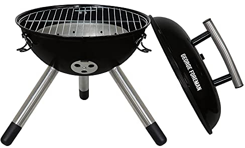 George Foreman Portable Charcoal BBQ 34 cm Compact Round with Adjustable Air Vent, Lightweight & Integrated Handle with Chrome Grill, Stand, Charcoal Barbecue, GFPTBBQ1401B
