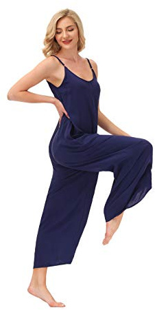BUENOS NINOS Damen V Ausschnitt Floral Maxikleid Boho Gedruckt Verstellbar Spaghettiträger Ethnisch Strand Langes Kleid mit Taschen, Marineblau Jumpsuit, X-Large