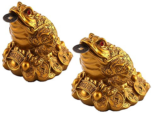 Lelukee 2 Piezas Rana de Dinero Dorada con Moneda Feng Shui, Mini Feng Shui Chan Chu Símbolo de Riqueza Feliz, Rana de Dinero Dorada con Moneda en la Boca Regalo Feng Shui Adornos Decoración del Hogar