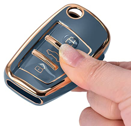 OATSBASF Schlüsselhülle Geeignet für Audi, Autoschlüssel Hülle für A1 A3 A4 A6 Q3 Q5 Q7 S3 R8 TT Silicone TPU Schutzhülle (Goldener Rand-Grau)