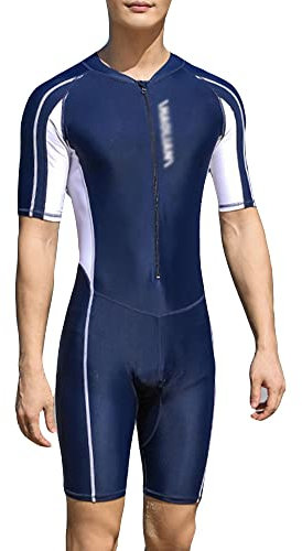 YAOTT Herren Einteiliger Badeanzug Kurzarm Badehose Surfanzug Zipper Badeshirt mit Shorts Gymnastikanzug Training Bademode Schwimmanzug Schutzkleidung Sonnenschutz Sonnenanzug Taucheranzug Marine 4XL