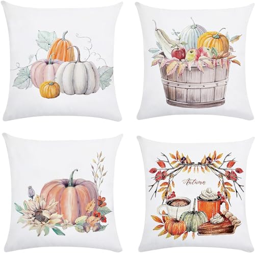 4 Stück Kissenbezug Herbst, Erntedankfest Kissen Kissenhülle Herbst, Kissen Herbst Kürbis Kissen Dekoration Kissenbezug Pumpkin Pillow Halloween Kissenhülle Kissenbezüge Kissenbezug 45x45 Herbst