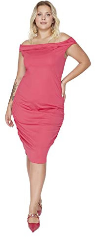 Trendyol Midi Off-Shoulder Fitted Plus Size Dress Vestido, Fucsia, X-Large Más para Mujer