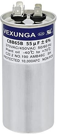 VEXUNGA Kondensator 55uF 55 MFD 370VAC 440VAC 450VAC 50/60Hz Runder AC Kondensatoren CBB65 für Klimaanlage Kompressor Motor Luft Wärmepumpe oder Lüftermotoren