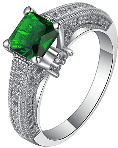 Anillos A Juego Amigas, Anillos de Mujer Bonitos con Zirconia Cúbica Cuadrada Verde Verde Plata Talla 12