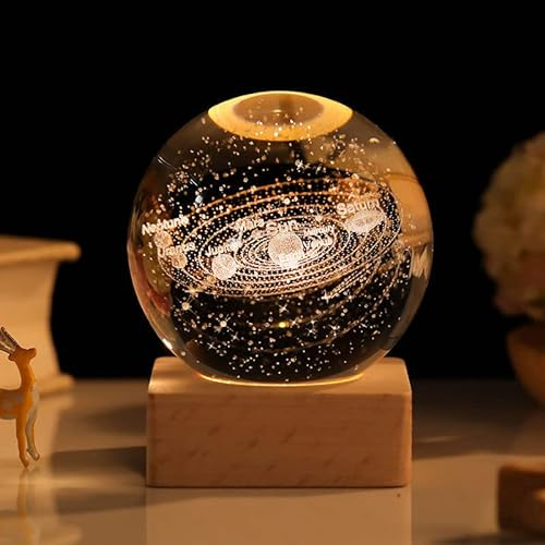 Zimuty Bola de cristal 3D, modelo de planetas 3D con base LED de madera, lámpara de galaxia espacial del sistema solar, adorno decorativo para el hogar, regalos de astronomía, luz nocturna para niños