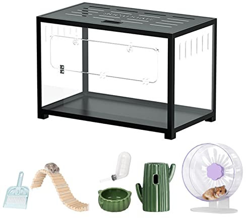xixi-home Großer Hamsterkäfig, syrischer Hamsterkäfig, Acryl, transparent, für kleine Tiere, mit Rädern, Wasserflaschenzubehör, für Rennmäuse, Ratten, Zwerghamster (schwarz)