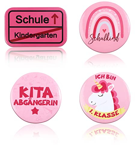 BHGT 4 Stück 58mm Buttons Schulkind 2025 Mädchen Anstecker Pin Einschulung Schulanfang Geschenk Schultüte Füllung Party Mitgebsel für Schulranzen Kita Abgängerin