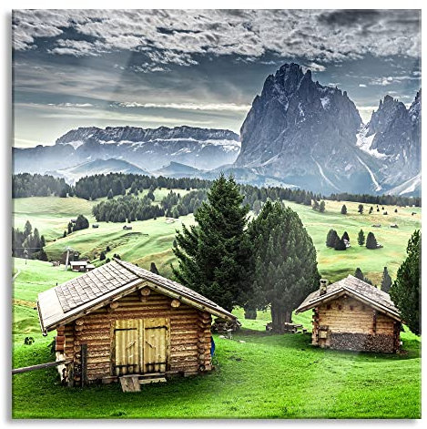 Pixxprint Glasbild, Wandbild auf Echtglas, Blockhäuser in den Dolomiten, 40x40 cm, inkl. Aufhängung und Abstandshalter