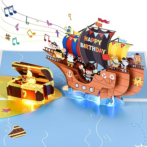 Geburtstagskarte mit Musik, Geburtstagskarte Kinder für 1 Jahr, 2/3/4/5/6/7/8/9 Jahre Junge, LED Kerze Geburtstagskarten 3D Pop Up Singende Karte Geburtstag für junge, Sohn (Boot & Schatzkiste)