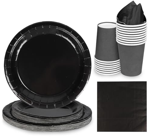 68pcs Black Tableware Set Decor, Green Paper Napkins Cups 7inch & 9inch Paper Plates in Solid Color, Disposable Birthday Decorations for Men Women Halloween Birthday Wedding Party