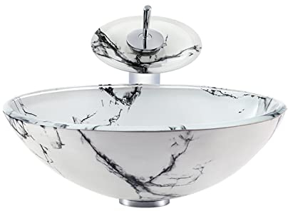 Badezimmer-Waschbecken aus Marmor, künstlerisches rundes Beckenwaschbecken aus gehärtetem Glas, Aufsatzwaschbecken mit Wasserhahn, Pop-Up-Ablauf und Zubehör, Aufsatzwasch
