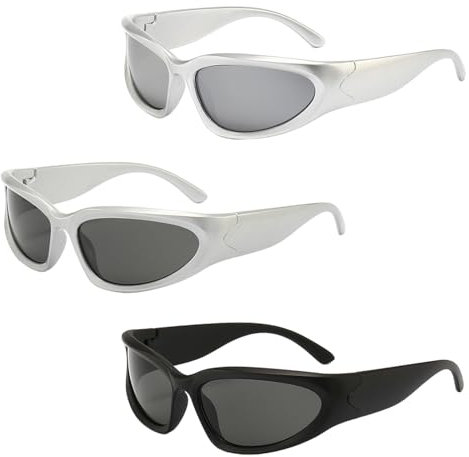 Vueinrg 3 Paar Y2K Sonnenbrille Futuristische Schnelle Brille Rave Vintage UV400 Schutz Sunglasses Fahrradbrille Sportbrille Alien Brille für Herren Damen Schwarz + Silber + Weiß