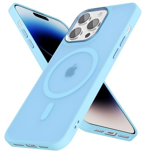 oakxco Magnetic Case for iPhone 14 Pro Phone Case Compatible with Magsafe, Slim Thin Clear Hard Shell Plastic & Silicone Rubber Bumper, Transparent Cute Mag Safe Cover for Women Girls, Light Blue
