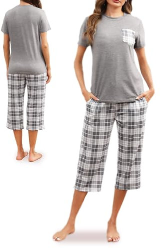 Reliwel Pyjama Femme Coton été Ensemble Femme à Manche Courte et Carreaux 3/4 Pantalon Vêtements de Nuit Col Rond 2 Pièces Doux Confortable