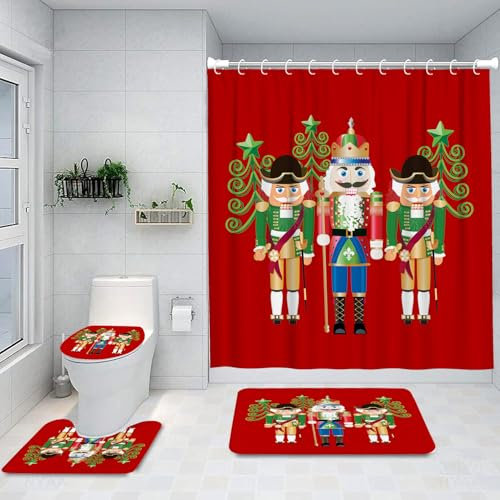 Ansouyi 4Pcs Bathroom Shower Curtain Sets with Non-Slip Rugs, Toilet Lid Cover and Bath Mat, Christmas Nutcrackers on Red Durable Waterproof Shower Curtain for Bathroom Set with 12 Hooks, 72x72 Inch