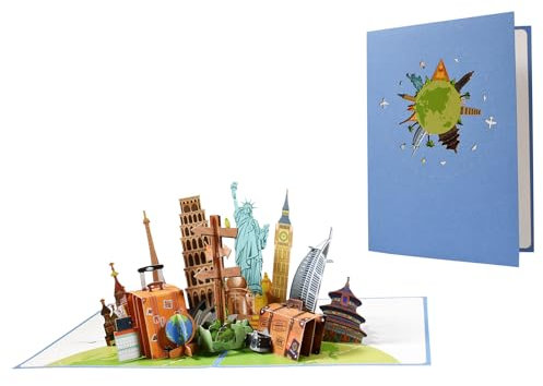 Koboko Pop-Up Karte Reise, 3D Reisegutscheinkarte, Gutscheinkarte für Urlaub oder Flugreise, Pop Up Reisegutschein, Geburtstagsgrußkart mit Umschlag, Geschenkkarte zur Reise, Urlaubsgutschein