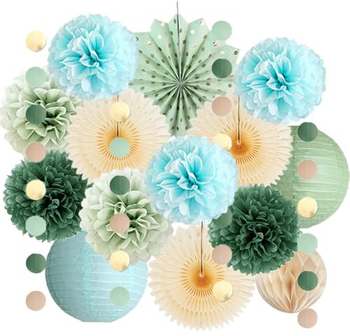 Sage Green and Blue Party Decorations Paper Lanterns Light Blue and Sage Green Baby Shower Decorations Beige Paper Fans Olive Pom Poms for Bridal Shower Wedding Engagement Birthday Bachelorette Party