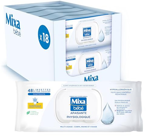 Mixa Lingettes Bébé Apaisantes Physiologiques, Lot de 18 x 48 lingettes