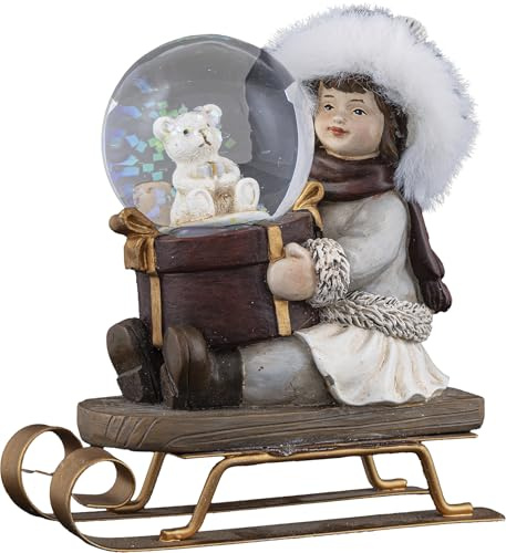 Holz Glas Design HGD Winterkind mit Schlitten und Schneekugel - 10 x 5 x 11 cm - Festliche Schneekugel mit Weihnachtsmotiv - Zauberhafte Tischdekoration - Liebevolle Details