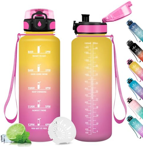 Trinkflasche Sport 1.5L, Trinkflasche mit Filter, Wasserflasche Sport Auslaufsicher mit Zeitmarkierung, Trinkflaschen Kohlensäure Geeignet, Sportflasche für Fitness, Gym, Schule, Outdoor, Yoga