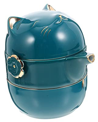 ABOOFAN 1 Satz Lucky Cat Tee-Set Kaffeetassen Grüntee-kapseln Tee-Ei Tragbare Teetasse Schwanenhalskessel Teekessel Deckel Herd Wiederverwendbar Bausatz Untertasse Keramik Green