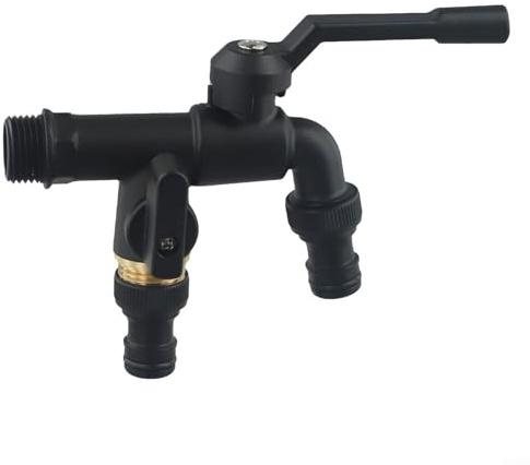 Grifo de Jardín de Latón Negro Anticongelante - Grifo Exterior con Doble Salida 1/2, Válvula Anticorrosión Resistente a la Intemperie, Conexión sin Fugas para Manguera de Riego (doble cabeza)