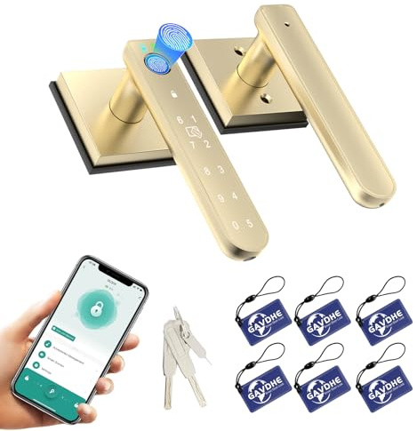 Gavdhe Gold Fingerprint Door Lock Smart Finger Print Door Knob Keyless Bedroom Door Lock with Keypad App Control Easy Installation for Home Bedroom Office,6 Fob Cards