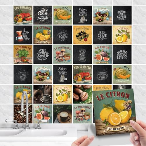 Lot de 36 Pcs Stickers Carreaux Muraux Cuisine - Autocollants Carrelage - Carrelage Vintage - Retro Stickers Muraux Décoratif Auto-Adhésif pour Cuisine Salle de Bains Mur (A, 20x20cm)