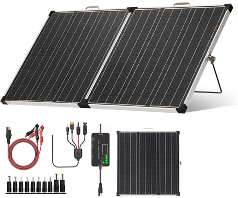 Panana 110W Portable Solar Panel Kit, Foldable with 12V Controller | 18V Monocrystalline Suitcase with Controller, SAE Cable Kit and Adjustable Stands for Camping, Caravans and Off-grid Use