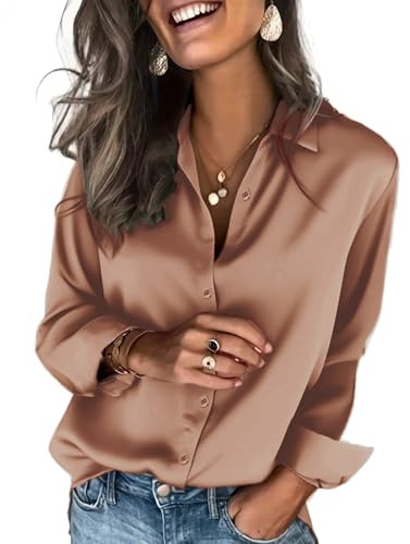 Zeagoo Blouse for Women Long Sleeve Brown Button Up Shirt Women Satin Top