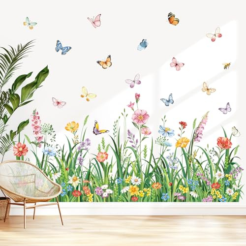 decalmile Wandsticker Grün Gras Blumen Wandtattoo Blumenwiese Schmetterlinge Wildblumen Pflanzen Wandaufkleber Kinderzimmer Wohnzimmer Schlafzimmer Wanddeko