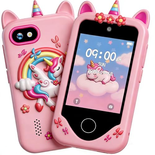 kiisda Kinder Smartphone Mädchen Geschenke, 64GB Speicher Kinderhandy Spielzeug mit Touchscreen, Dual-Kameras, Lernen, Musik-Player, Geburtstagsgeschenke für Mädchen Alter 3, 4, 5, 6, 7, 8