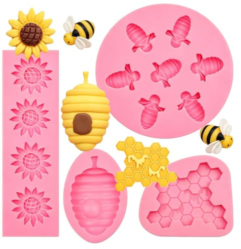 Bexal Bee Silikonformen, Sonnenblumen-Zuckergussformen, 4-teiliges Set | Bienenstock-Design, Für Cupcakes und Kuchen, Schokolade und Süßigkeiten, Kuchendekoration, Kunstharz-Basteln
